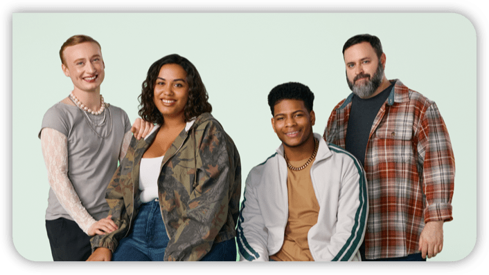 Four individuals together representing YEZTUGO (lenacapavir) clinical trial participants. Actor portrayals.